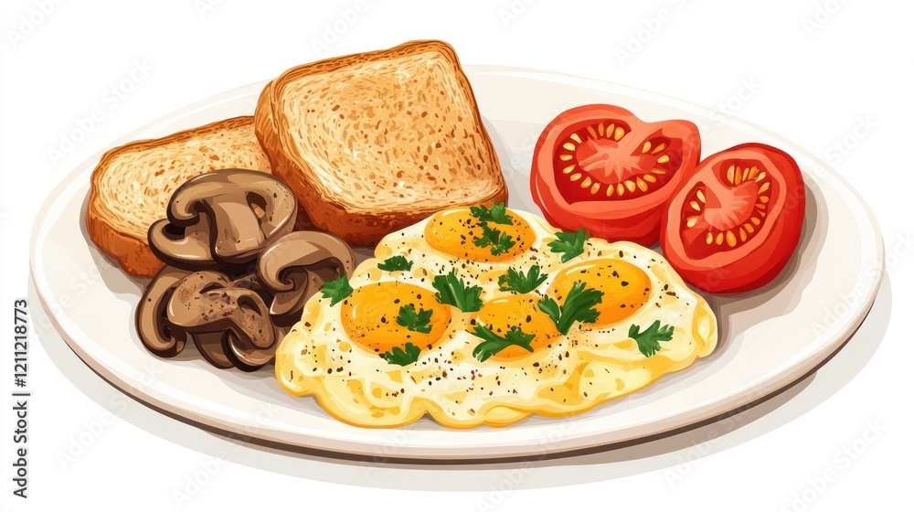 Scrambled eggs, toast, mushrooms, and tomatoes on a plate. Scrambled eggs, toast, mushrooms, and tomatoes on a plate.