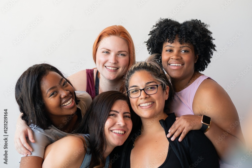 Obraz premium Happy diverse group of sportswomen in activewear including African American, Caucasian, and Hispanic. Diverse sportswoman exercise in a gym. Fit diverse athletes doing fitness workout.