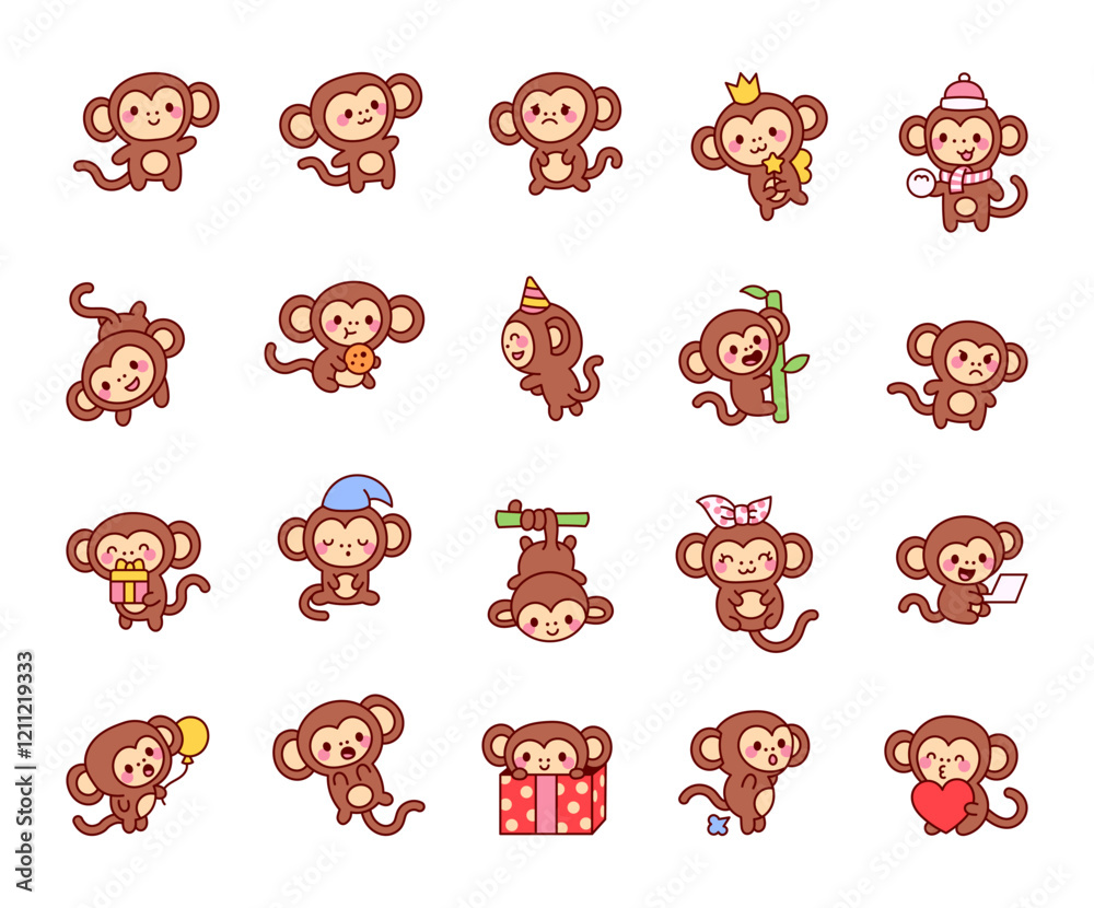 Set of charming cute kawaii cartoon monkey characters with different emotions and unique poses for yours cheerful festive creative decoration and joyful illustration design