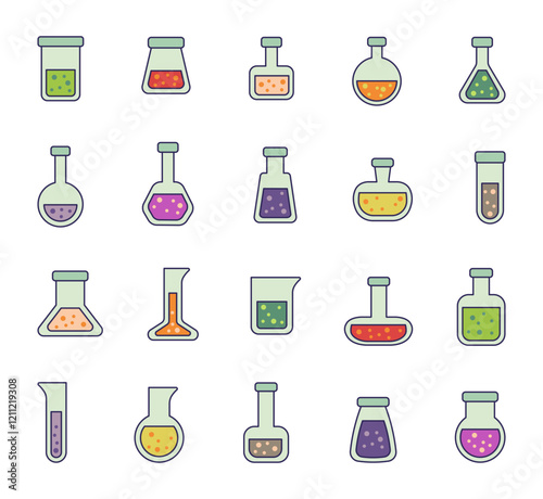 Set of cute flask lab outline clipart illustrations with various shapes, objects and equipment for scientific experiments chemistry research laboratory for yours creative design elements