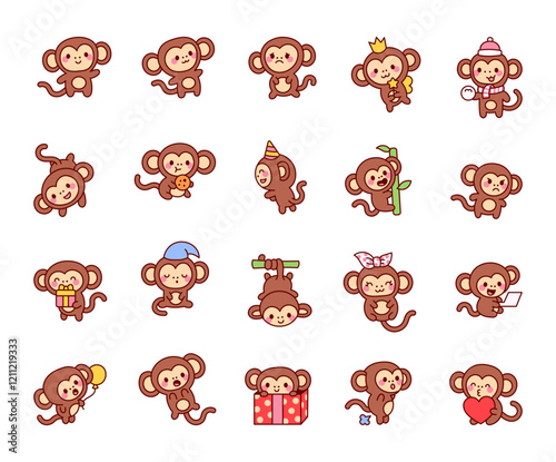 Set of charming cute kawaii cartoon monkey characters with different emotions and unique poses for yours cheerful festive creative decoration and joyful illustration design