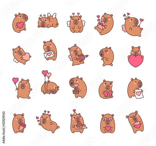 Set of charming capybara valentines day characters celebrating love with hearts, wings, balloons, bouquet, and romantic gestures for joyful and heartfelt moments for yours design projects