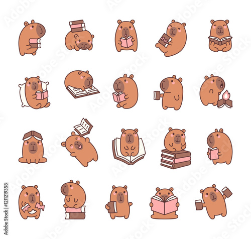 Capybara characters set with books, reading and learning in cute kawaii cartoon style for fun and relaxing activities with emotional and charming poses for yours design projects