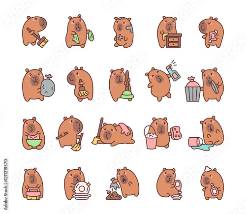 Capybara cleaning tools set featuring kawaii cartoon characters performing various household chores in adorable detailed poses with funny expressive activities and tasks