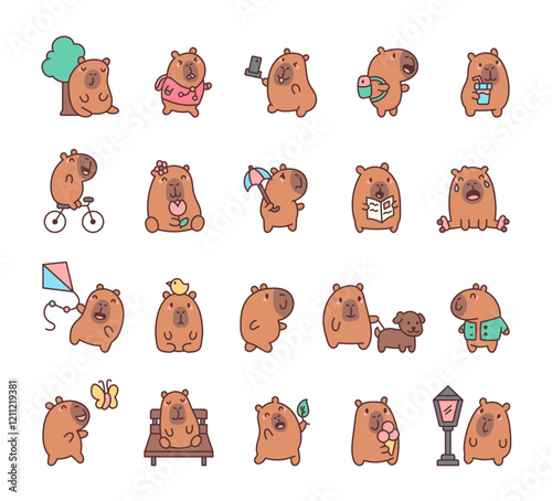 Capybara set with cute kawaii cartoon characters showing various activities, emotions, and relaxing poses in a cheerful park environment illustration for creative and playful outdoor adventures