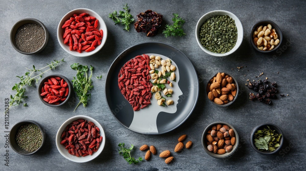brain food flatlay, artistic head silhouette plate, organized produce placement, goji berries in bowls, scattered nuts, fresh herb accents, pristine white ceramic, slate grey backdrop, modern health brain food flatlay, artistic head silhouette plate, organized produce placement, goji berries in bowls, scattered nuts, fresh herb accents, pristine white ceramic, slate grey backdrop, modern health