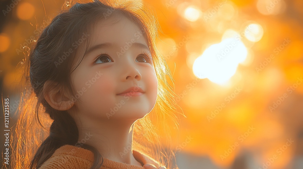 Fototapeta premium Adorable little girl looking up at sunset.