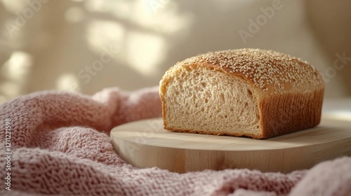 dietary lifestyle portrait, golden sesame seed bread, light wooden serving board, soft pink sweater texture, neutral beige background, gentle natural lighting, mindful eating composition, wellness