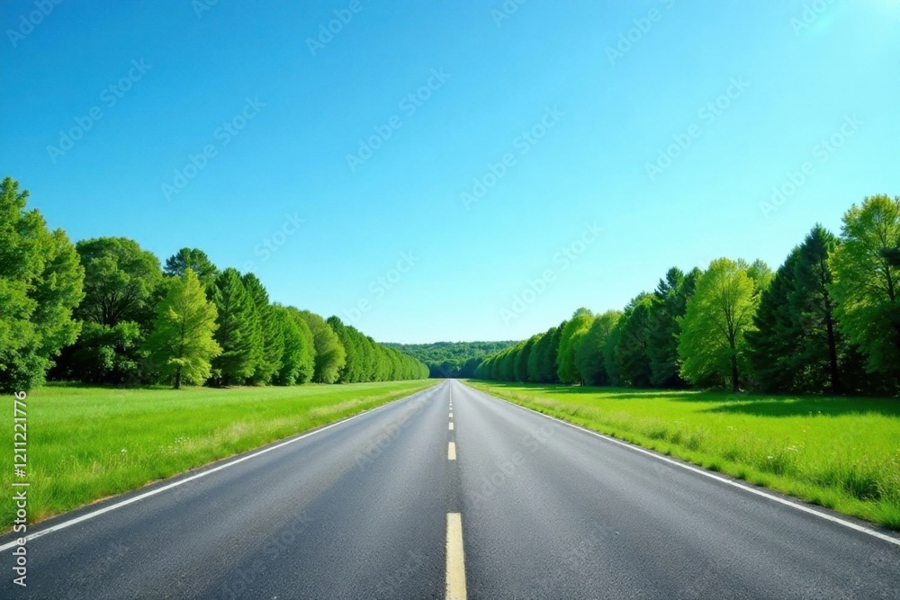 Fototapeta premium Asphalt Road Through Lush Green Summer Foliage Under a Bright Blue Sky, a Scenic Drive Awaiting