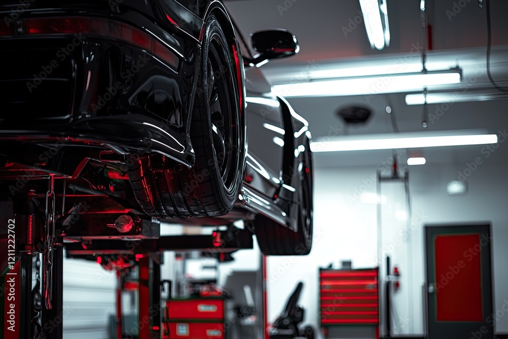 Naklejka premium Car repair shop with a car on a lift, a black and red color palette, soft lighting, and a blurred background of white garage walls
