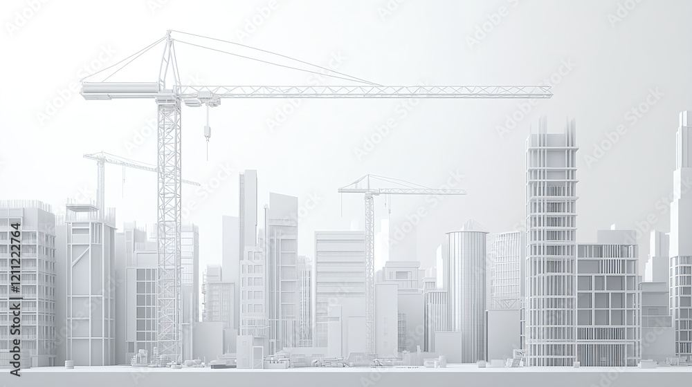 Obraz premium Construction progress on urban skyline city center architectural visualization minimalist environment aerial view development concept