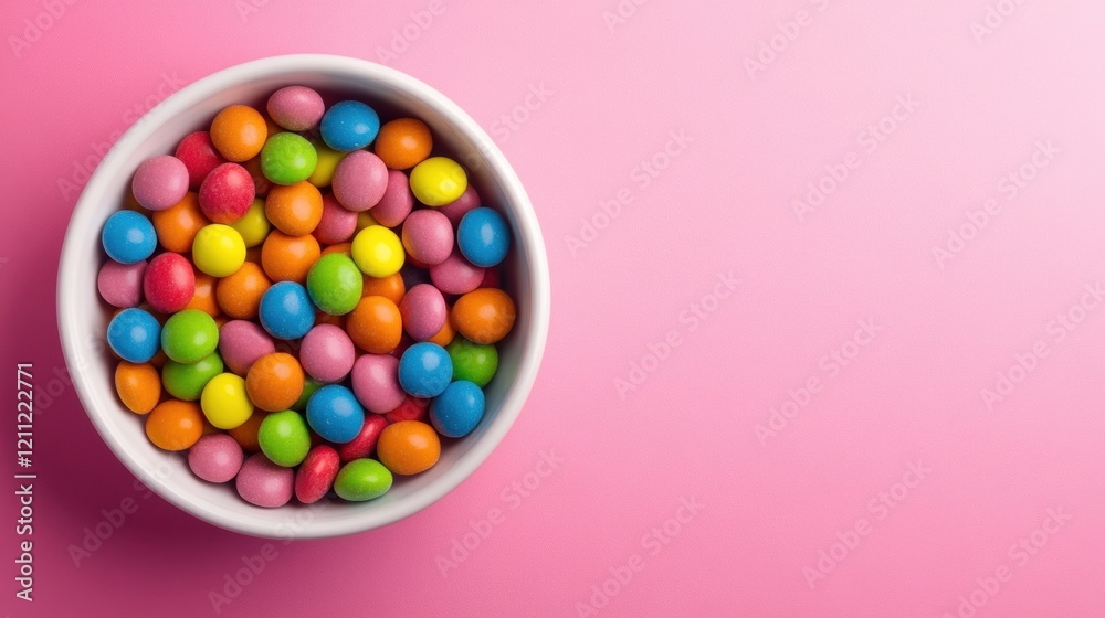 Obraz premium A bowl vibrantly overflowing with assorted colorful candies on a bright pink background evokes feelings of joy and sweetness