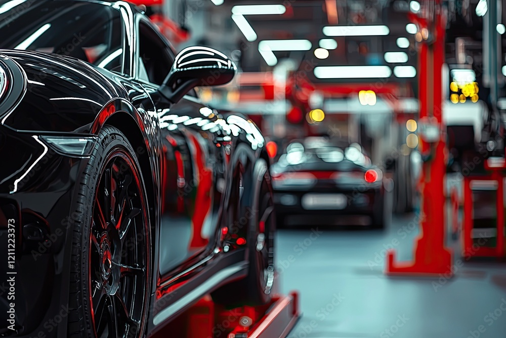 Car service center, a black car on a lifting platform in the background and a red stand with parts next to it. Blurred white garage interior
