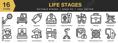 Life Stages icon set. Editable Stroke Icon Collection. Includes growth, aging, life, old, child, generation, people, and More. Outline icons vector collection.