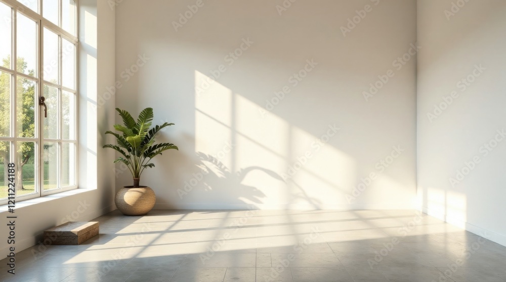 Sunlit Room Interior Design Mockup Empty Space with Large Window and Potted Plant Sunlit Room Interior Design Mockup Empty Space with Large Window and Potted Plant