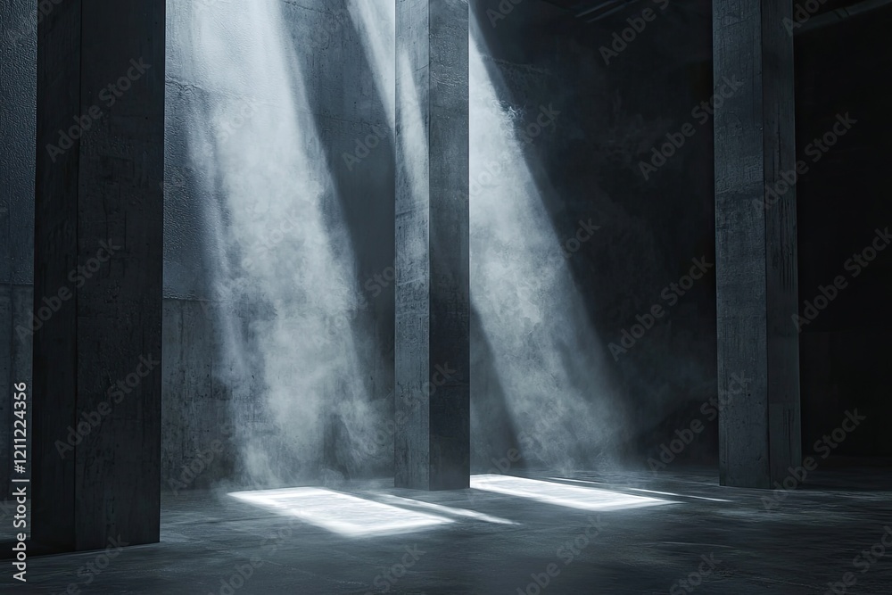Dark room with a concrete floor and smoke in the background, for product presentation Dark room with a concrete floor and smoke in the background, for product presentation