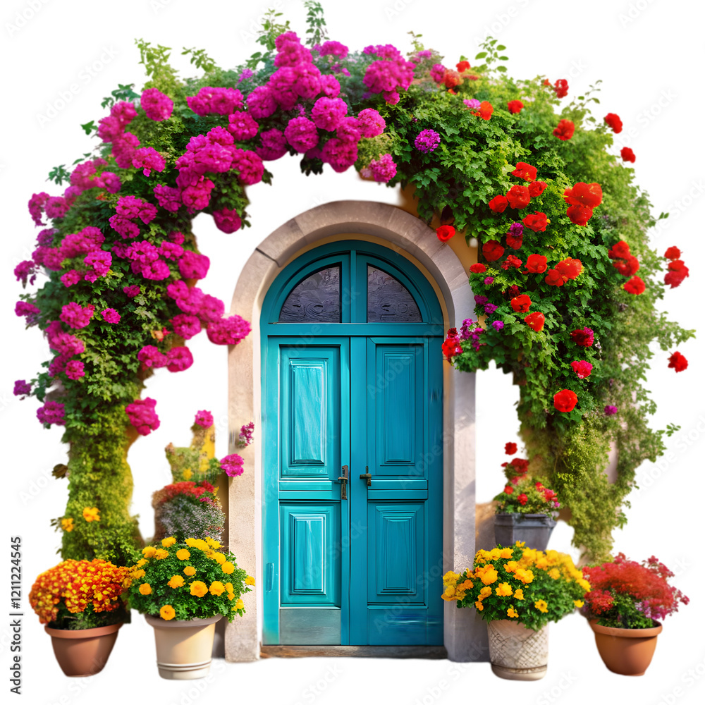 Naklejka premium colorful door with arched window and flowers