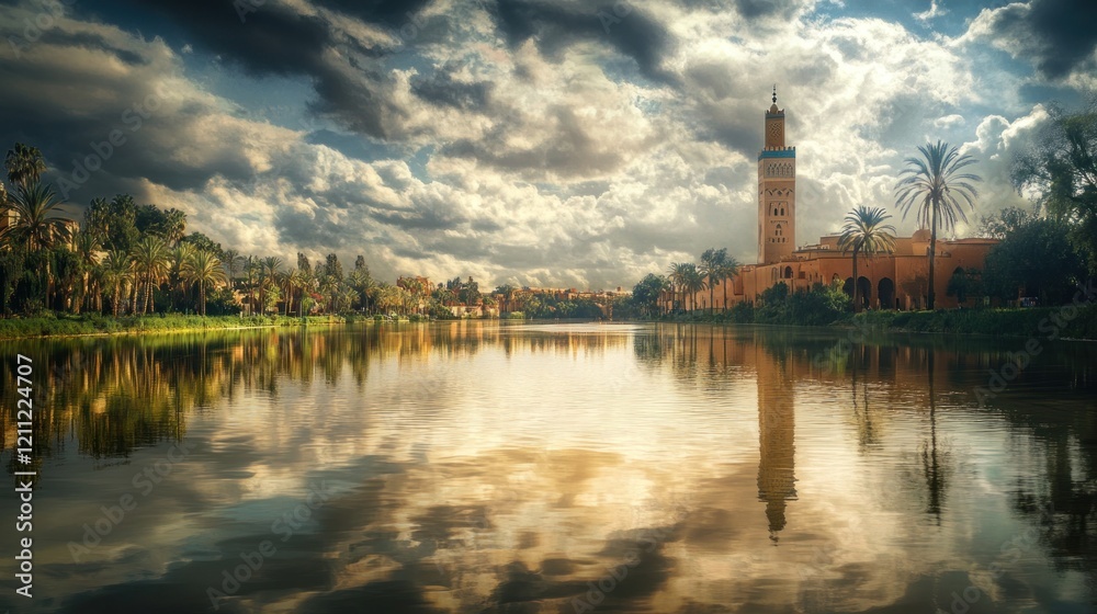 Serene Moroccan Sunset: Mosque Reflection on Calm Waters Serene Moroccan Sunset: Mosque Reflection on Calm Waters