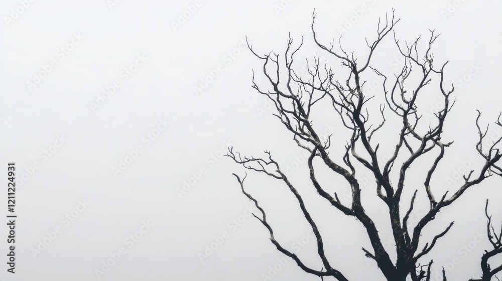 Fototapeta premium Branches of a bare tree reach out in a desolate setting with a cloudy sky, evoking a serene but stark winter atmosphere