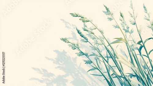 Green grass stems with shadows on a light background.
