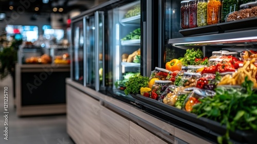 Fresh Vegetables and Colorful Ingredients Displayed in a Modern Grocery Store Refrigerator Case