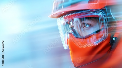 Closeup of a person wearing helmet and goggles for protection style. person photo