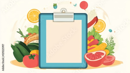 nutritional planning illustration, blue clipboard design, colorful vegetable elements, citrus slices, healthy sandwich graphic, floating produce elements, decorative sparkles, modern vector art photo