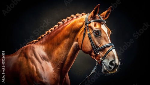 Vintage Chestnut Budyonny Dressage Horse Portrait | Black Background | Handmade Browband photo