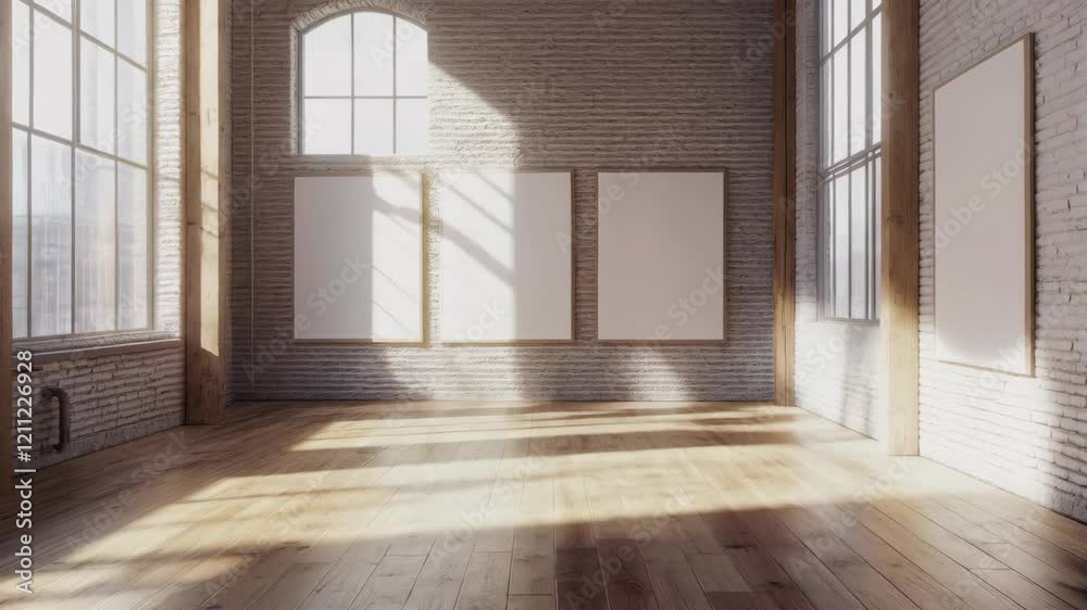 Sunlit loft with large windows and wooden flooring showcasing shifting light patterns Sunlit loft with large windows and wooden flooring showcasing shifting light patterns