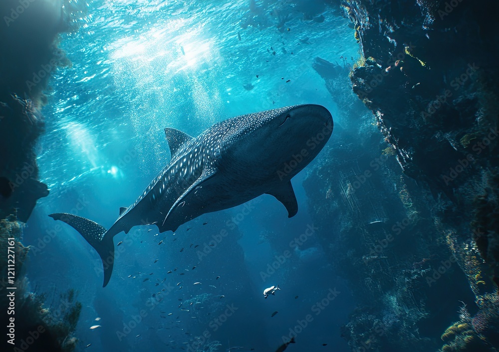 A whale shark swimming in the ocean, a screenshot from an underwater documentary film A whale shark swimming in the ocean, a screenshot from an underwater documentary film