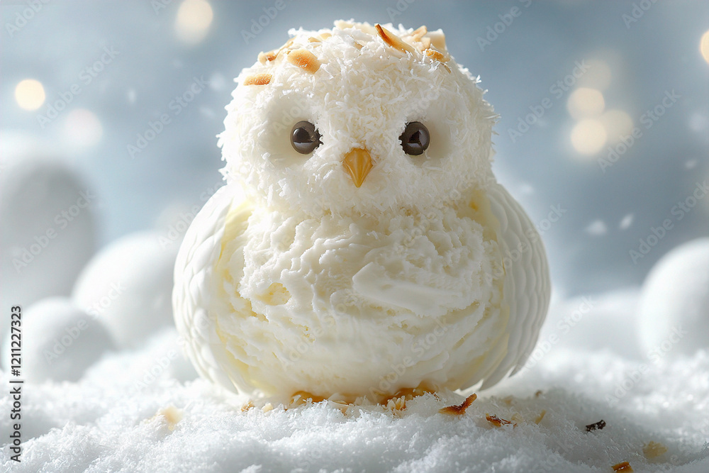 Obraz premium A polar owl made of ice cream and coconut kernels. (Generative AI)