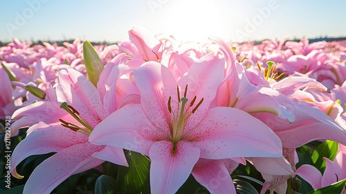 Sunlit field of blooming pink lillies capturing natural beauty and tranquility