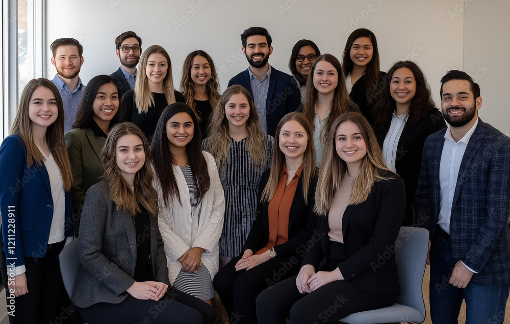 A group of smiling, diverse young professionals standing and sitting in an office, looking at the camera and posing for an advertising A group of smiling, diverse young professionals standing and sitting in an office, looking at the camera and posing for an advertising