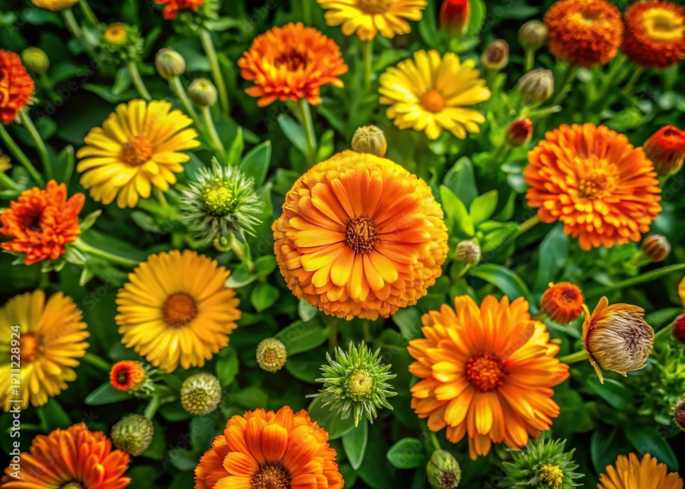 Aerial View of Vibrant Calendula Marigold Flower Garden Blooming in Summer Sunlight Aerial View of Vibrant Calendula Marigold Flower Garden Blooming in Summer Sunlight