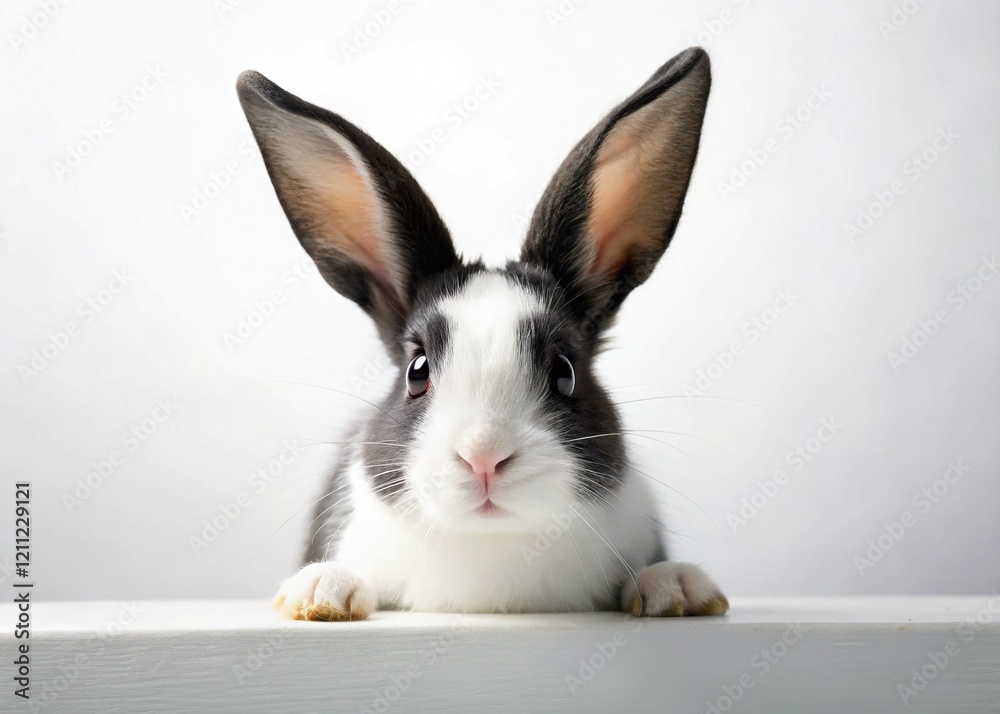 Fototapeta premium Black and White Bunny Peeking Over White, Night Photography Stock Photo