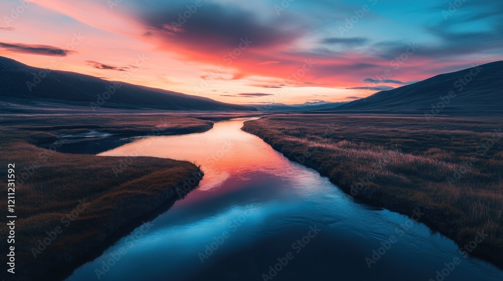 Fototapeta premium Serene river flowing through a landscape at sunset with colorful sky and hills in the distance