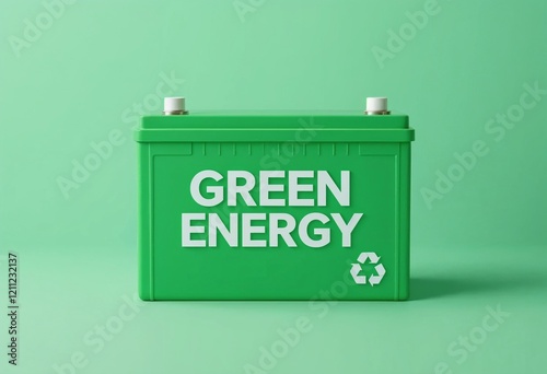 Fototapeta Naklejka Na Ścianę i Meble -  Green energy concept featuring a green battery with recycling symbol on a green background, promoting sustainability.