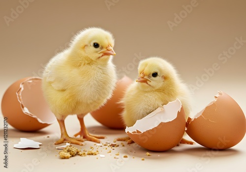 Two fluffy, newly hatched chicks with soft yellow feathers stand amidst broken eggshells and scattered crumbs photo