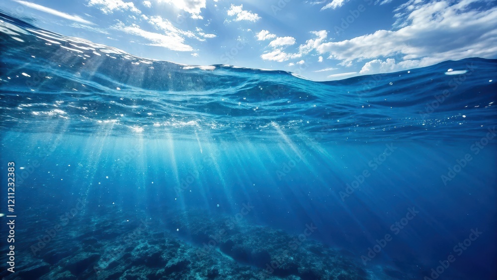 Fototapeta premium Ocean's Surface and Depths A Stunning Underwater View of Sunlit Waves and the Mysterious Seafloor