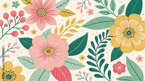 Wallpaper Mural A Delightful Arrangement of Pink, Yellow, and Green Flowers and Leaves Featuring a Soft, Pastel Color Palette Torontodigital.ca