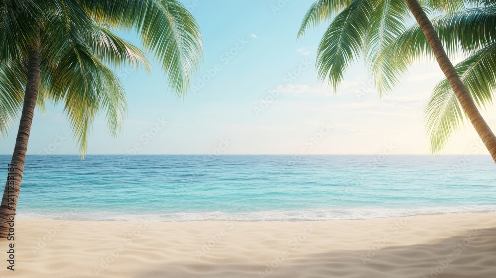 Serene Tropical Beach with Palm Trees and Tranquil Ocean Waves Under Bright Blue Sky