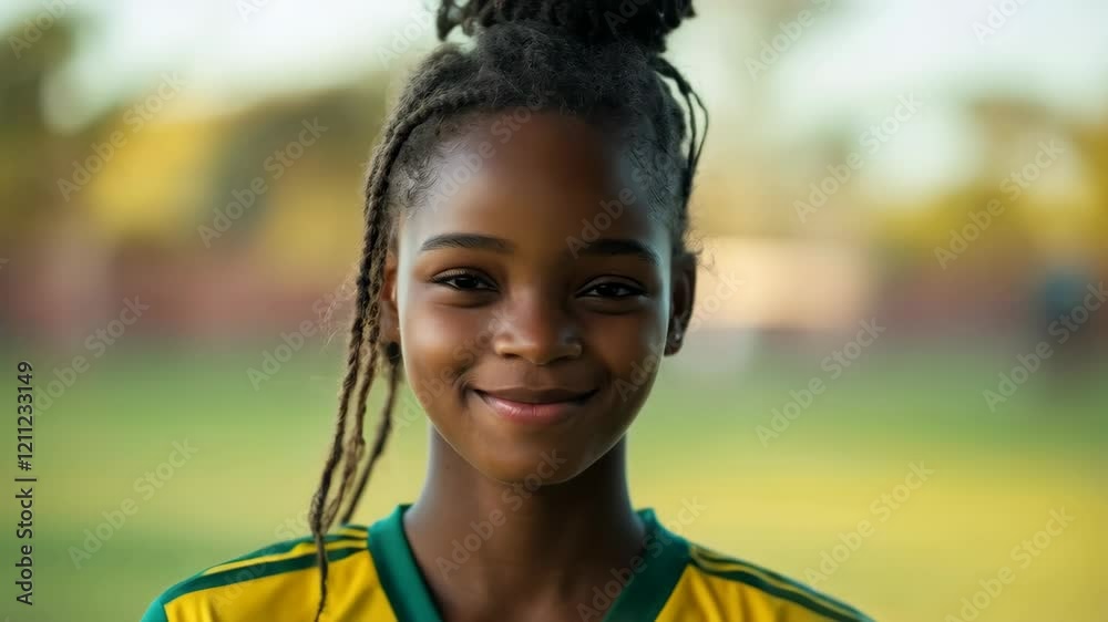 Joyful child with braids smiling in an outdoor soccer field Joyful child with braids smiling in an outdoor soccer field