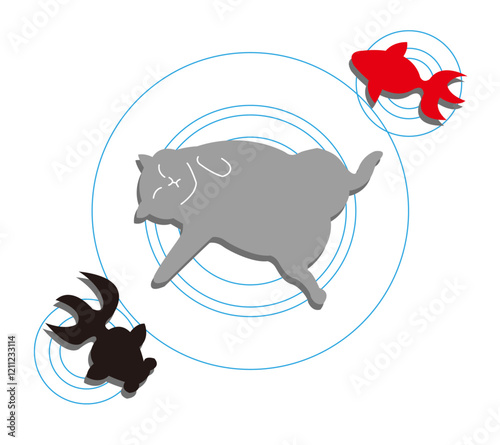 昼寝する猫と金魚