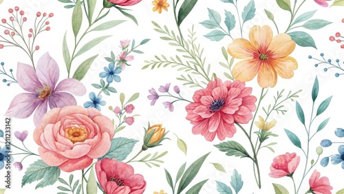 Wallpaper Mural A delicate watercolor floral pattern featuring pastel roses, anemones, and wildflowers, perfect for textile design and wallpaper Torontodigital.ca