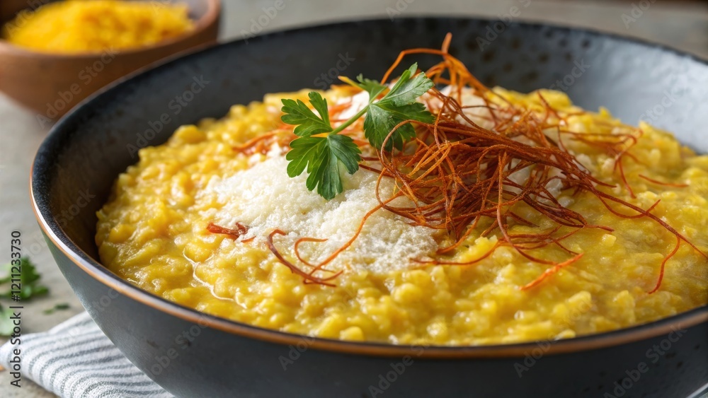 Naklejka premium Savoring risotto alla milanese with saffron a culinary journey through milan italian cuisine food artistry gourmet experience