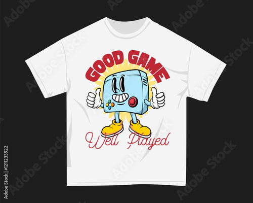 Gamer graphic t-shirt for DTF and DTG. Retro gaming t-shirt design for print. Rubberhose Vector t shirt design. Screen printing tshirt design for merch. Design for POD