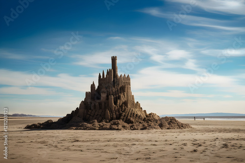 Großes Sandburg-Schloss am Strand unter blauem Himmel - KI generiert

