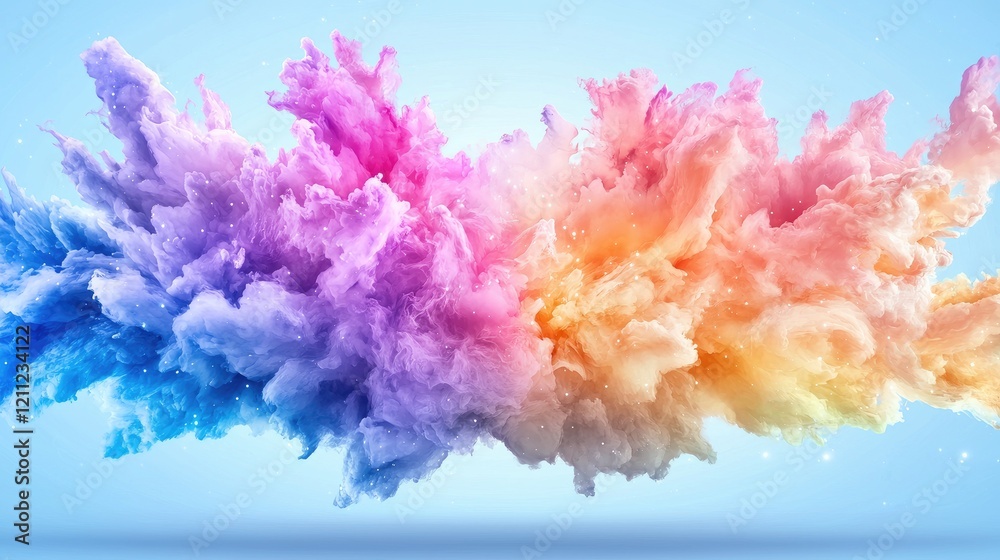 Fototapeta premium Vibrant multi-colored powder explosion bursting horizontally against a clean light blue studio background.