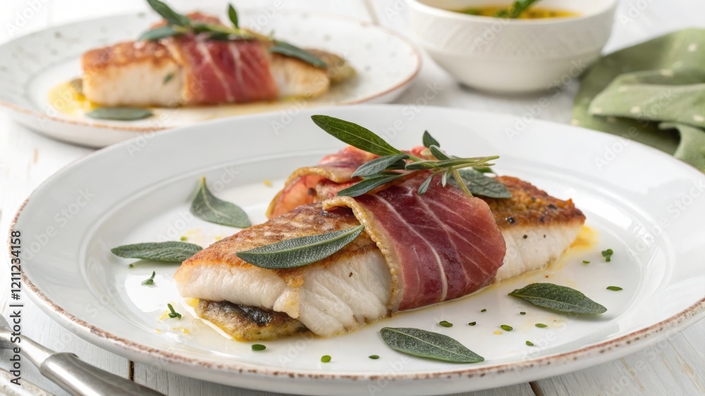 Preparing saltimbocca di pesce a culinary adventure with fish fillets and prosciutto in the kitchen Preparing saltimbocca di pesce a culinary adventure with fish fillets and prosciutto in the kitchen