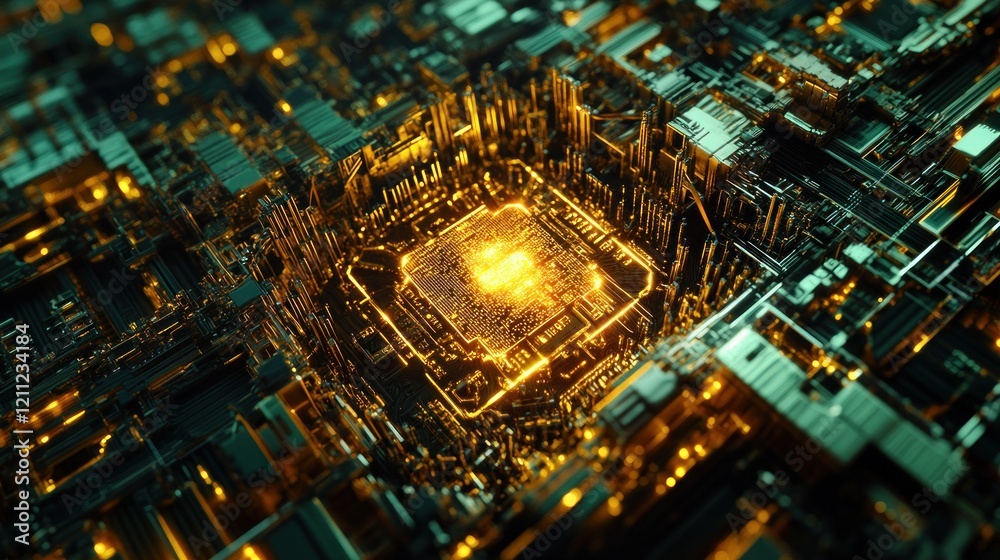 Glowing Golden Circuit Board: A 3D Render of  Intricate Technological Design